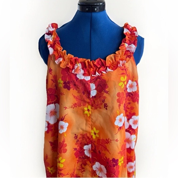 Vintage 70s Hukilau Paradise Hibiscus Floral Red Orange Ruffle Hawaiian Dress - Picture 3 of 10